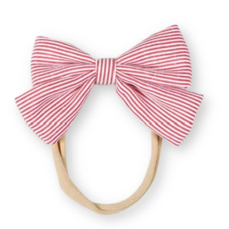 Thin Nylon Headband With Lined Buckle - Striped Red Bow