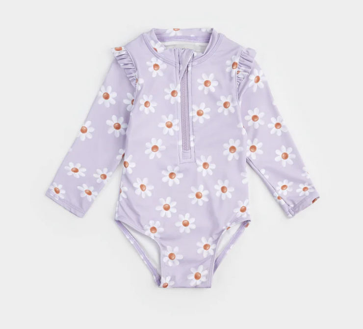 Daisy Print On Lavender Long-Sleeve Swimsuit