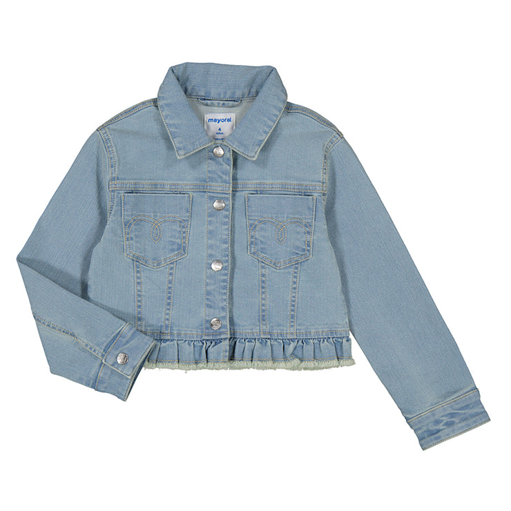 Light Wash Denim Jacket with Ruffle Hem