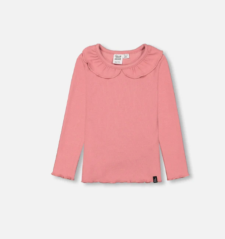 Super Soft Rib Top With Flounce Collar Salmon Pink