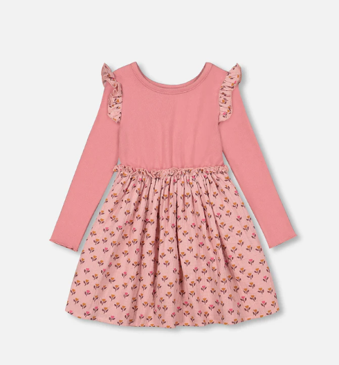 Pink Bi-Material Dress In Muslin With Tulip