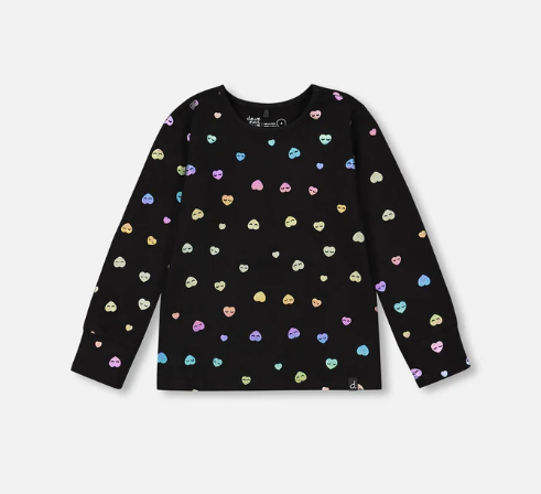 Long Sleeve T-Shirt Black Colorful Hearts Foil Print