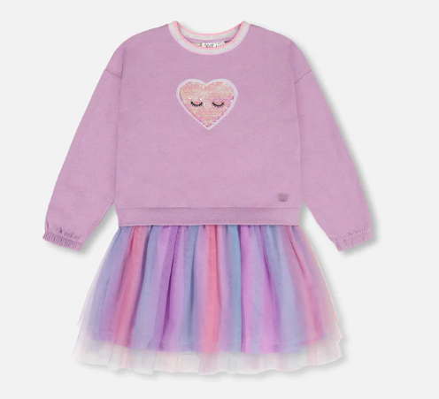 Bi-Material Super Soft Sweatshirt Dress With Rainbow Tulle Skirt Lilac