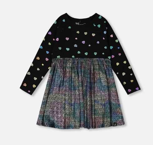 Bi-Material Long Sleeve Dress Black Metallic Fabric & Colorful Hearts Foil Print