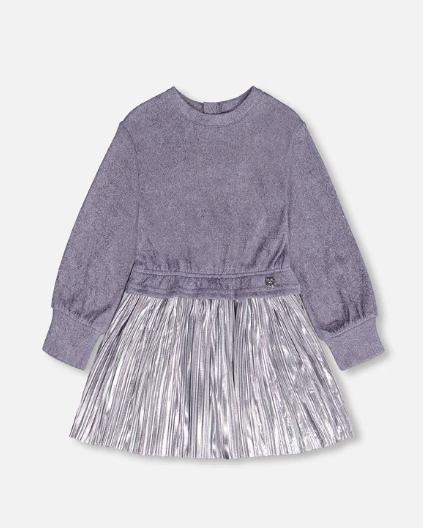 Bi-Material Dress Light Velvet And Lame Fabric In Pacific Blue