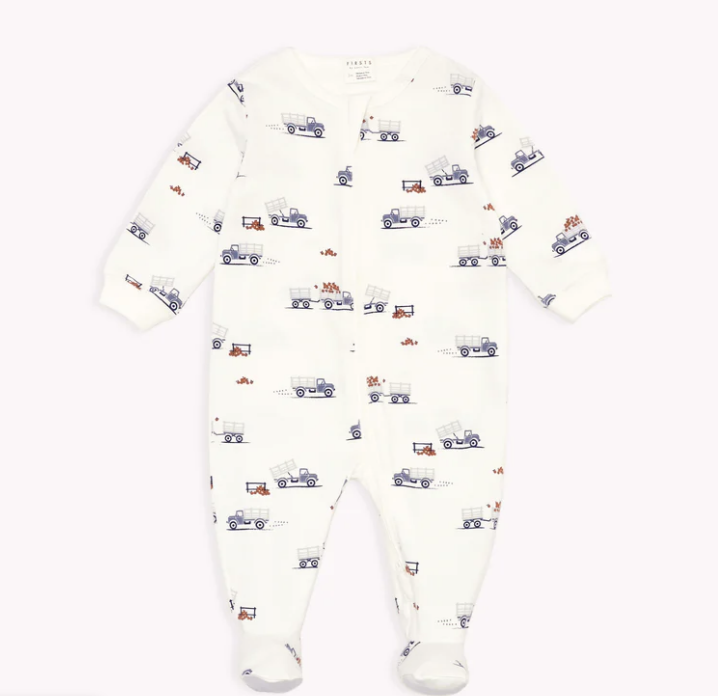 Apple Picking Truck Print on Footed Sleeper