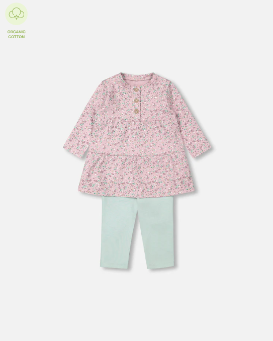 Organic Cotton Long Tunic And Legging Set Sage Green And Mauve Little Flower Print