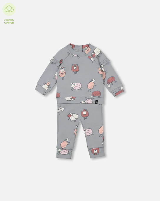 Organic Cotton Printed Top And Grow-With-Me Pants Set Blue Grey Sheep Print