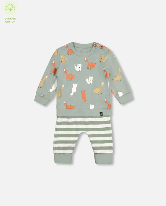 Organic Cotton Printed Top And Grow-With-Me Stripe Sage Green Pants Set