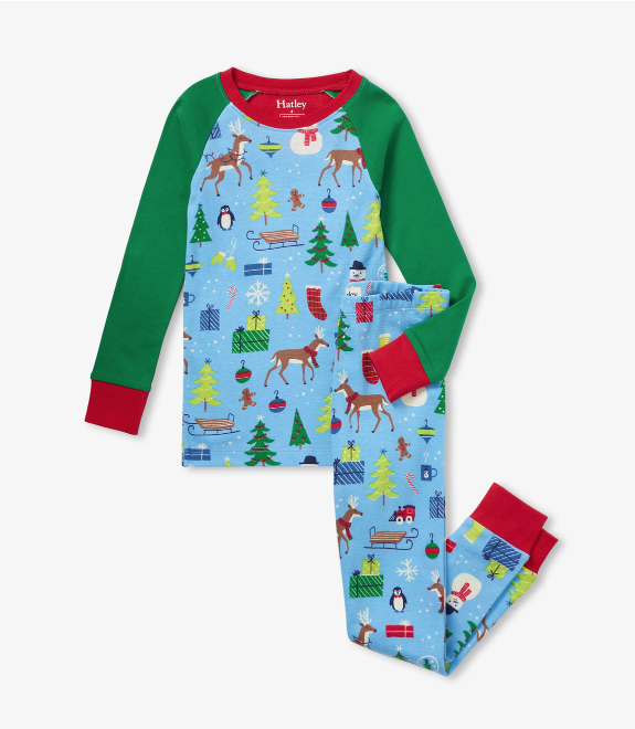 Blue Christmas Raglan Kids Organic Cotton Pajama Set