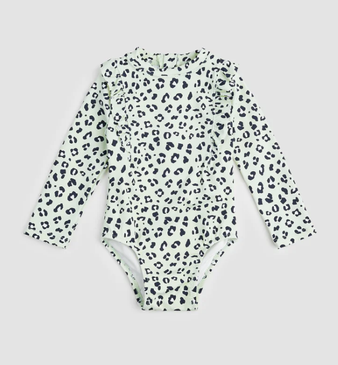 Baby Leopard Print On Mint Long-Sleeve Swimsuit