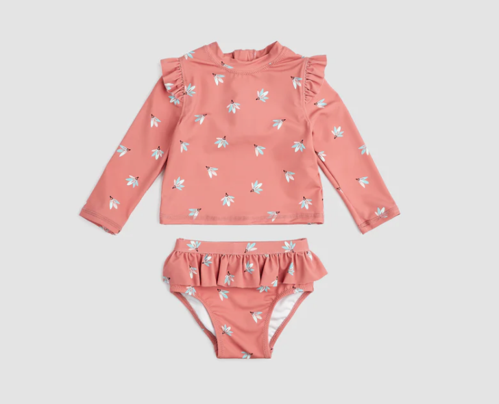 Baby Floral On Deep Pink Long-Sleeve Rashguard Swim Set