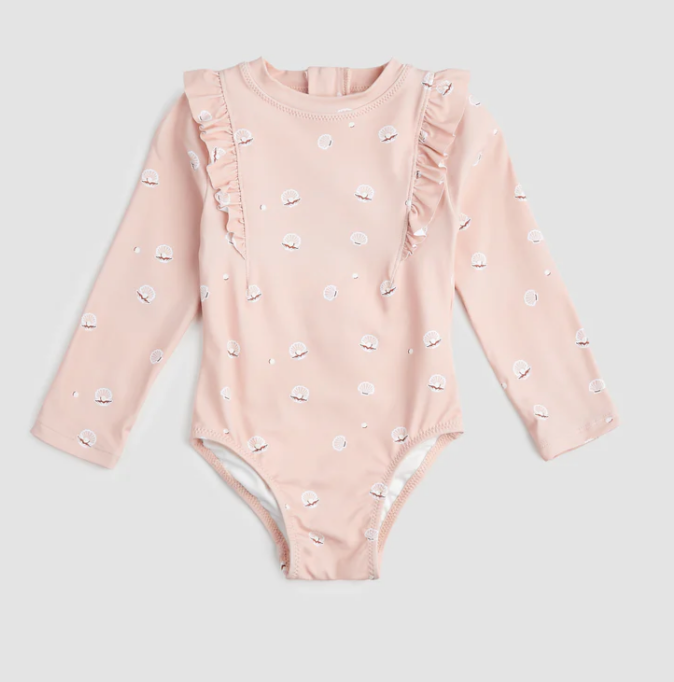 Pearl Shell Print On Pink Long-Sleeve Swimsuit