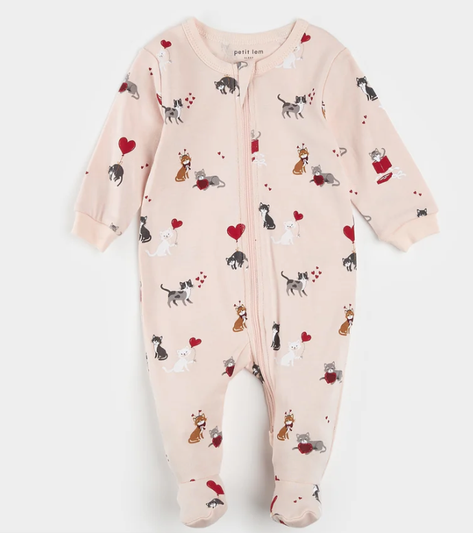 Meowentine Print on Silver Peony Footed Sleeper
