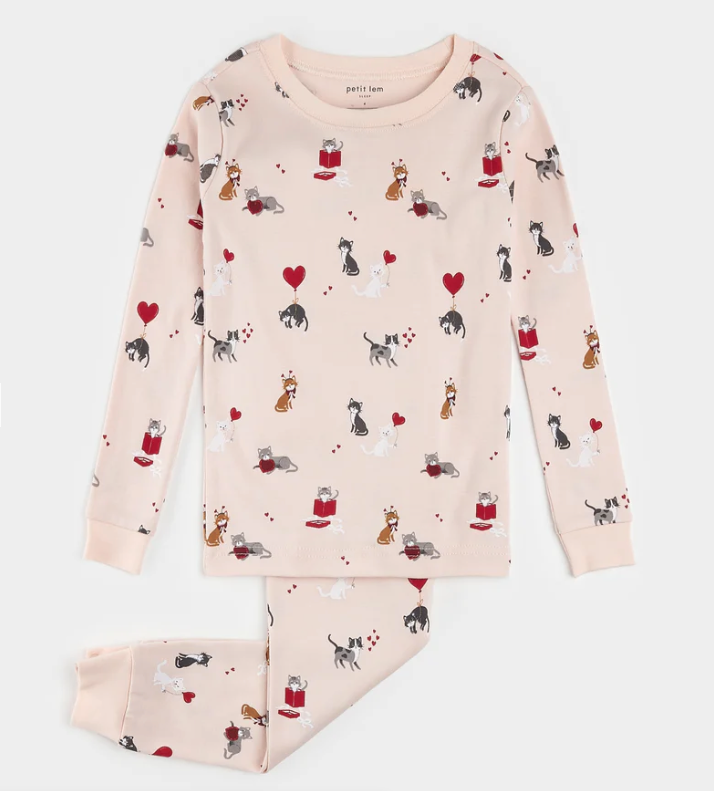 Meowentine Print on Silver Peony PJ Set