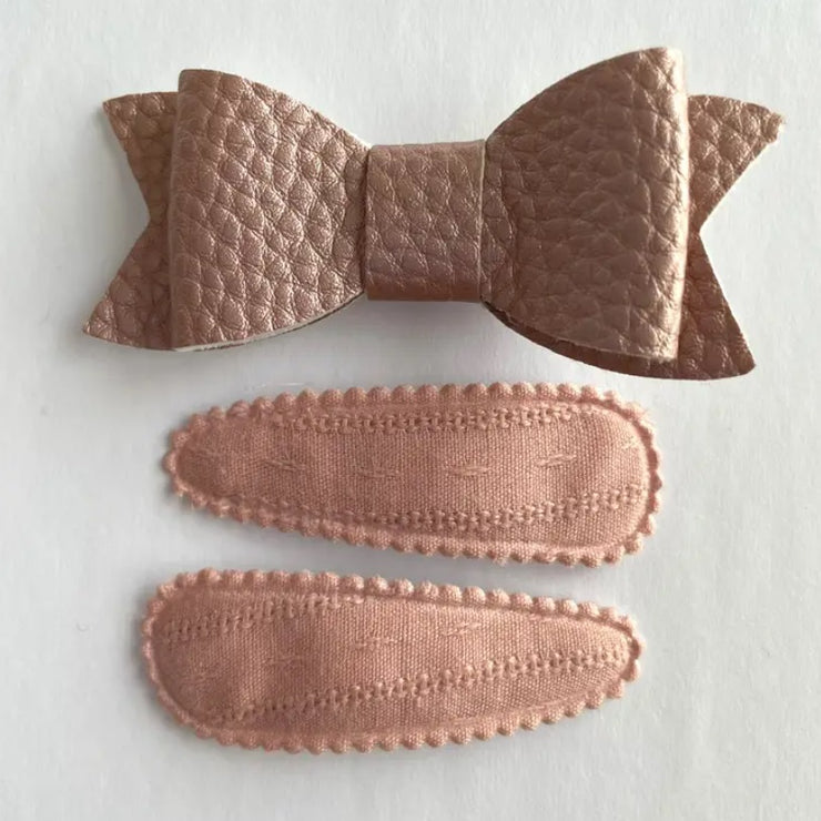Faux Leather Bow and Cotton Hair Clips - Frosted Pink