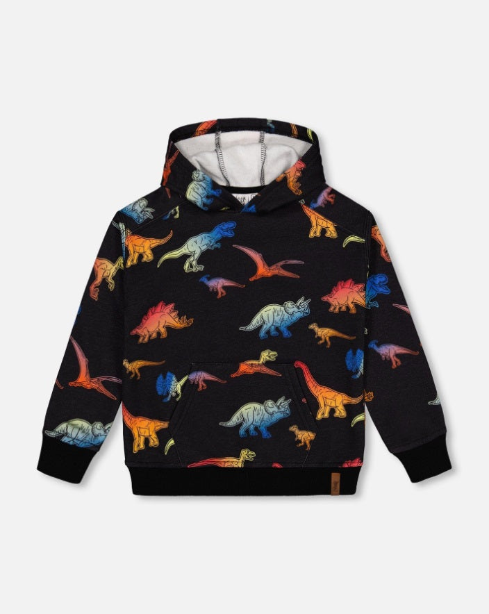 Printed Multicolor Dinosaur Fleece Hoodie Black