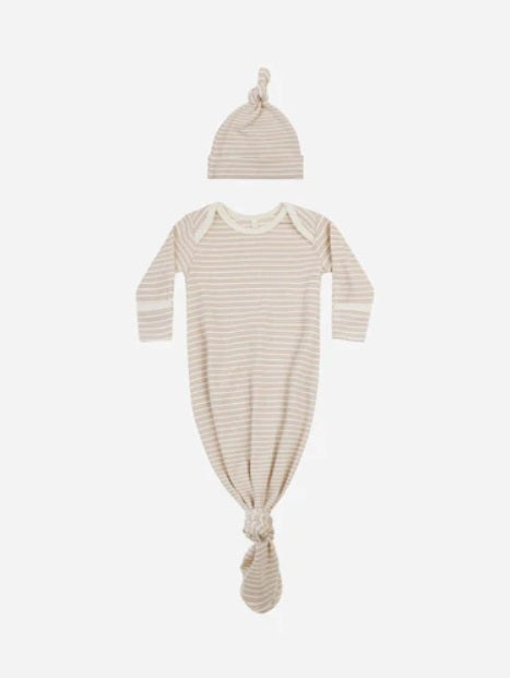 Oat Stripe Knotted Baby Gown and Hat Set