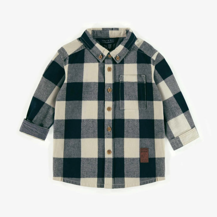Navy and White Plaid Flannel Shirt