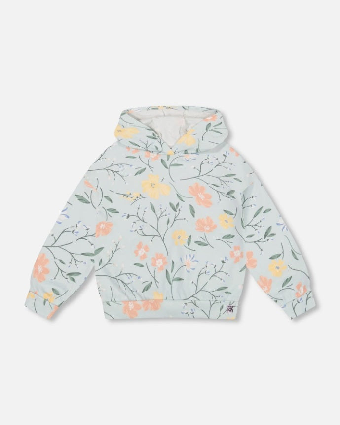 French Terry Hooded Sweatshirt Baby Blue With Printed Romantic Flower