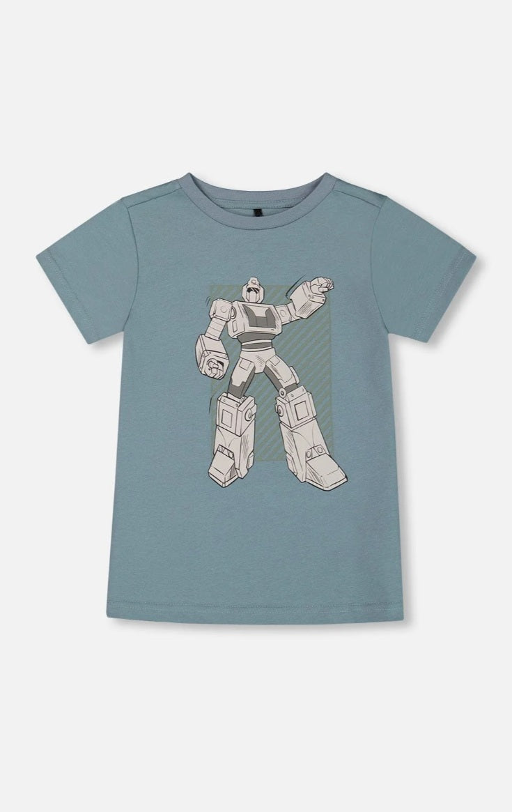 Organic Cotton Graphic Tee Grayish Teal And Robot