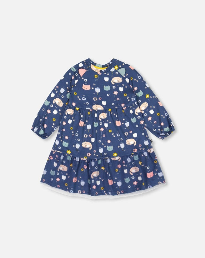 Printed Dress With Mesh Frill Navy Sleepy Cats