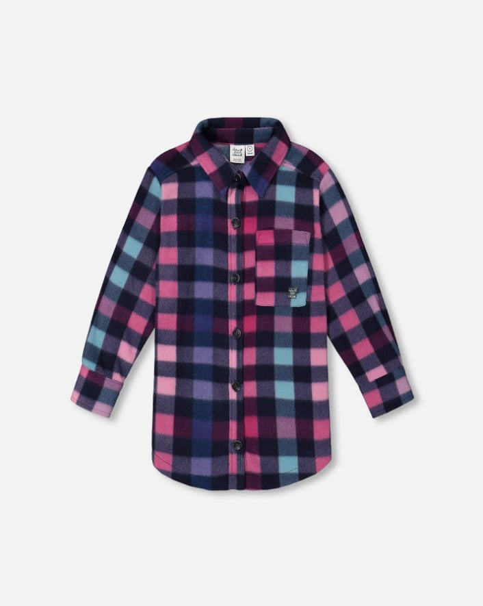 Long Multicolored Plaid Overshirt With Pocket In Polar Fleece