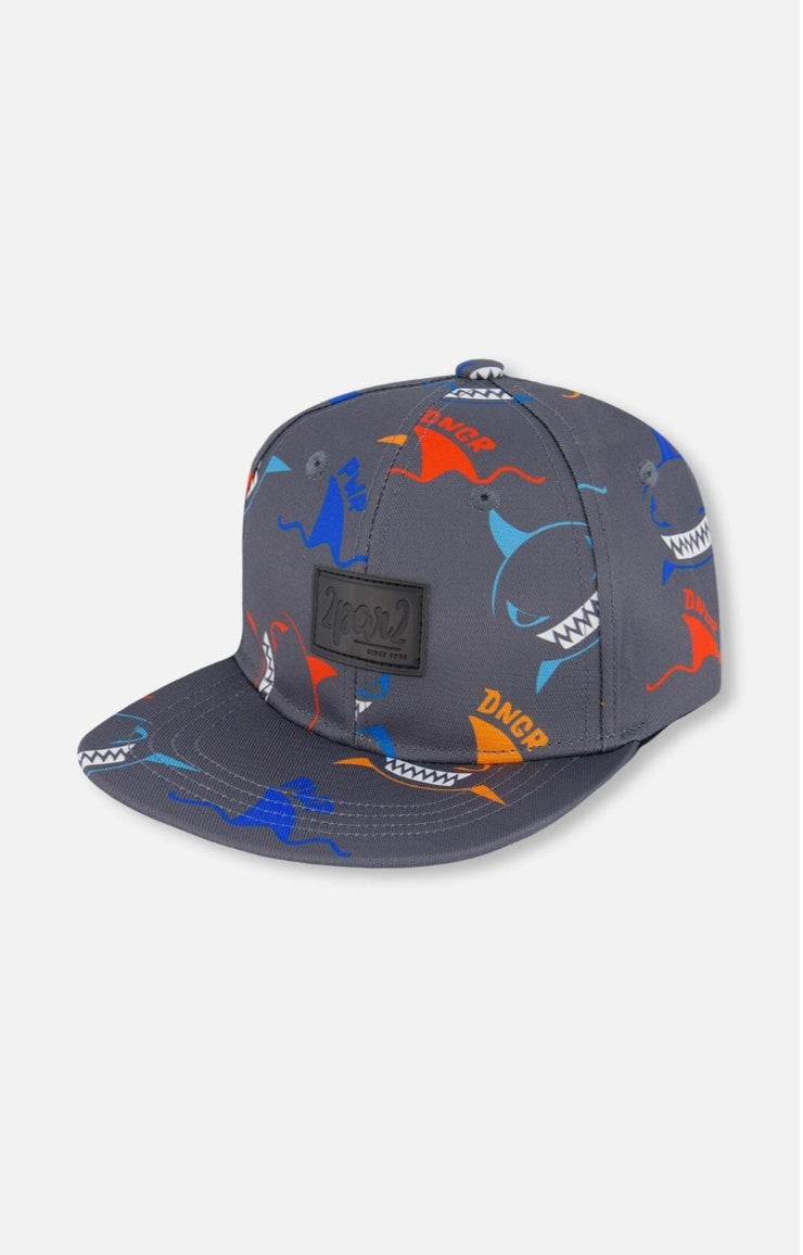 Printed Cap Orange, Red, And Blue Sharks On Gray