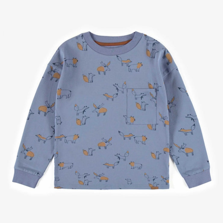 Blue Long-Sleeved T-Shirt with Animal Patterns in Jersey