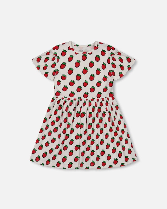 Organic Cotton Dress With Flounce Sleeves White Printed Pop Strawberry