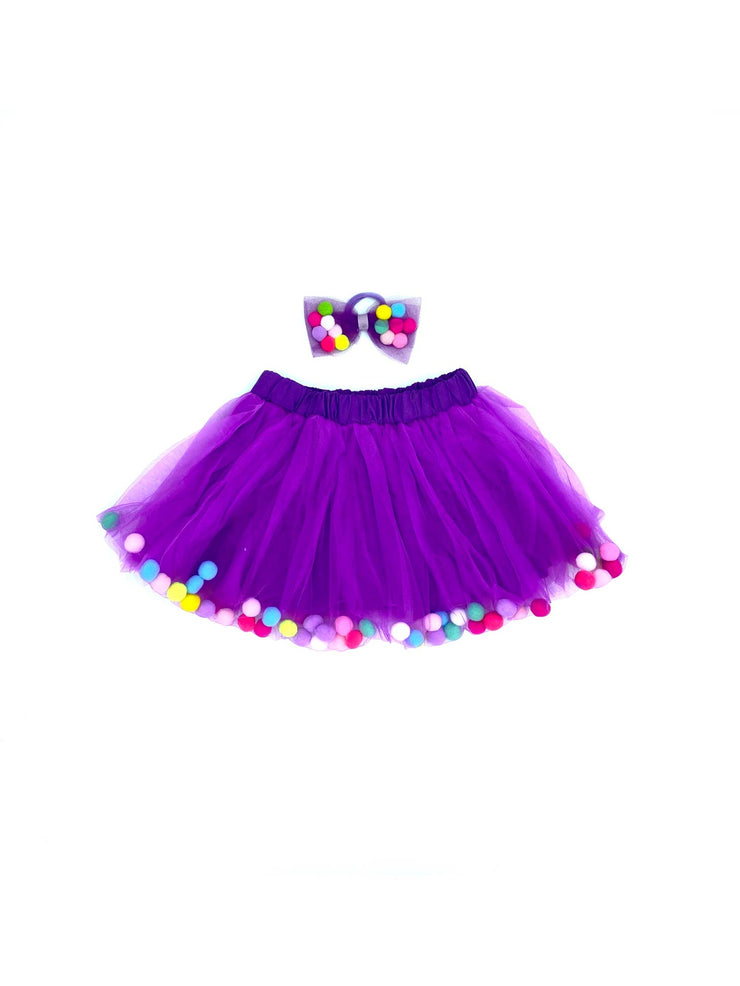 Purple Kids Skirt Pom Pom Tutu & Bow Hair Tie - 2Pcs Se