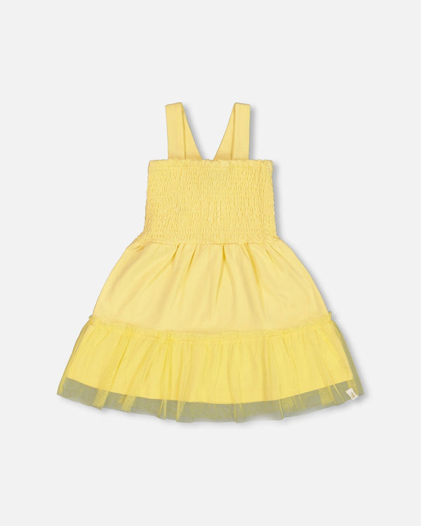 Smocked Organic Cotton Dress With Mesh Frill Yellow