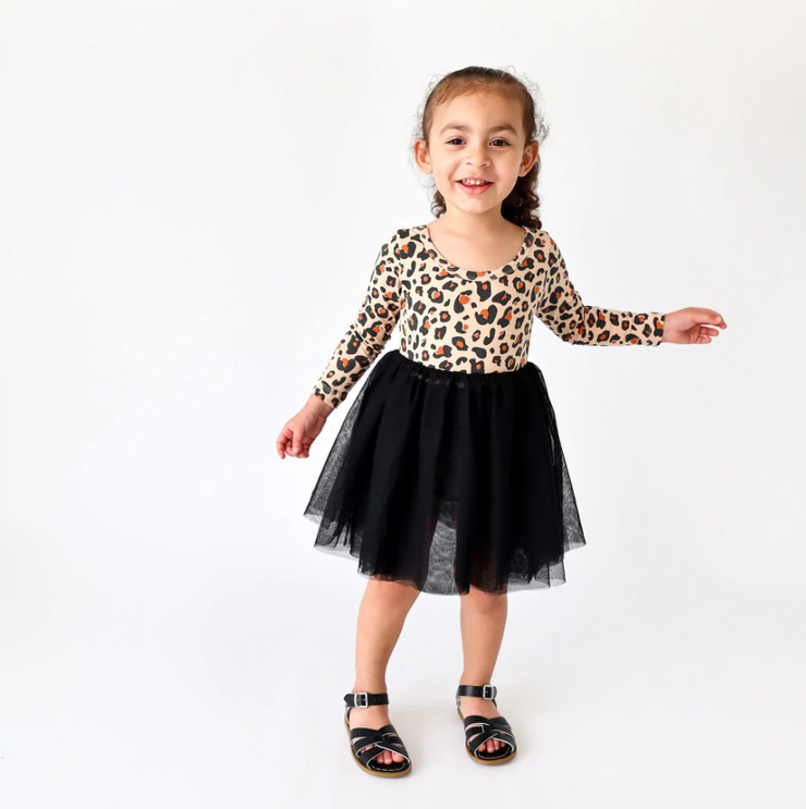Girls Organic Cotton Long Sleeve Parker Dress - Lounging Leopard